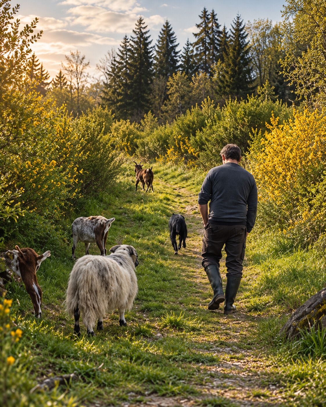 Xavier Oliver marchant avec ses chiens et ses chèvres dans la campagne auvergnate